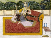 Detail of 'A lady smoking a hookah on a terrace by a lake', late 18th century (Museum no: EA2012.31)