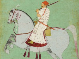 Detail of Maharaja Dhiraj Singh riding, Raghugarh, India, c.1700 (Museum No: LI118.34)