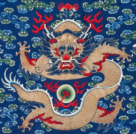 Detail of Man's formal robe with clouds and dragons, China, 19th century (Museum no: EA1975.29)