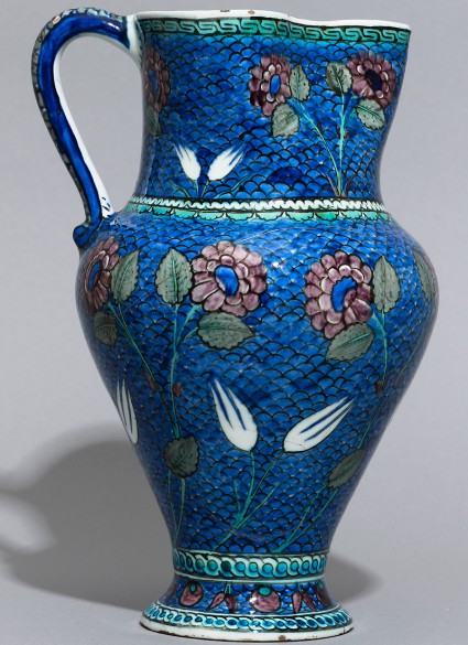 Jug with flowers against a fish-scale background, probably Iznik, Turkey, 1530-1550 (Museum no. EAX.