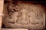 Fig. 7.  Stone lions in bas-relief. Tukan bahal, Kathmandu, eighth century. H. <em>c.</em>40 cm. © Amy Heller