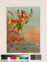 Hanuman, the monkey king, flying with his tail on fire over the burning palace of Ravana