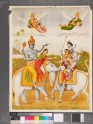 Vishnu and Lakshmi, mounted on an elephant, meet Shiva, Parvati, and the child Ganesha mounted on Nandi