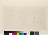 Drawing of three reliefs depicting the deities Matsya, Kurma, and Ganesha