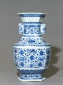 Blue-and-white hexagonal vase with floral decoration
