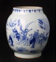 Blue-and-white jar with figures in a snowy landscape