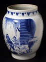 Blue-and-white jar with warrior on horseback