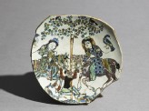 Base fragment of a dish with two men on horse-back fighting a non-human creature