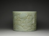 Jade brush pot with a mountain landscape