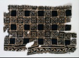 Textile fragment with linked squares, stylized flower-heads, and lines with dots