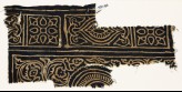 Textile fragment with squares with quatrefoils, rectangles, and swirling tendrils