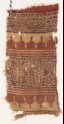 Textile fragment with bands of stylized trees, crenellations, vine, and arches (EA1990.611)