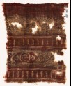 Textile fragment with bands of arches, a vine, a circle, and poles