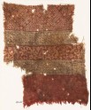 Textile fragment with squares, tendrils, flowers, and bandhani, or tie-dye, imitation