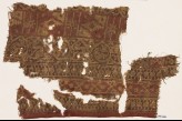 Textile fragment with circles, crossed tendrils, dotted tendrils, and stepped diamond-shapes