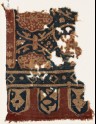 Textile fragment with linked tendrils, stylized trees, and tabs