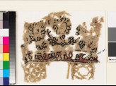 Textile fragment with peonies, leaves, and squares