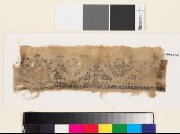 Textile fragment with stylized pairs of birds, trees, and pseudo-kufic inscription