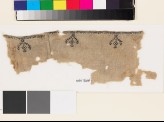 Textile fragment from a garment with stylized birds, trees, and pseudo-kufic inscription