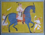 Maharaja Pratap Singh of Sawar riding, with two attendants on foot