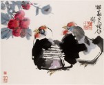 Two hens and flowers
