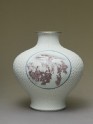 Baluster vase with cartouches depicting Mount Fuji, samurai, and chickens