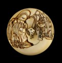 Manjū netsuke depicting Fukurokuju, one of the Seven Lucky Gods, carrying toys on a willow branch (EA2001.65)