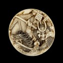 Manjū netsuke depicting Sasaki Takatsuna and Kajiwara Kagesue crossing the Uji River