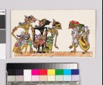 Card with characters from Wayang theatre