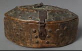 Lidded oval box with iron fittings