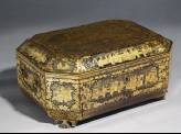 Lacquered sewing box with floral decoration and figures