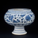 Blue-and-white stem bowl with lotus flowers and mandarin ducks