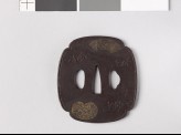 Mokkō-shaped tsuba with fan mounts depicting a phoenix and a unicorn (EAX.10211)