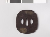 Mokkō-shaped tsuba with fan mounts depicting a phoenix and a unicorn