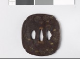 Mokkō-shaped tsuba with snow crystals, ants, and leaves (EAX.10234)