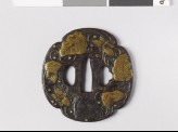 Mokkō-shaped tsuba with leaves, butterflies, and dewdrops