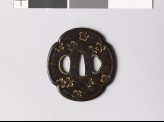 Mokkō-shaped tsuba with cherry blossoms floating on water