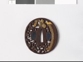 Tsuba with noble's headgear, roller blind, and mon formed from aoi, or hollyhock leaves (EAX.10649)