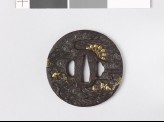 Tsuba with egrets, men in boats, and a water wheel
