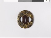 Lenticular tsuba with figures and animals amid flowers