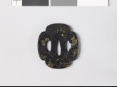 Mokkō-shaped tsuba with fan mounts depicting flowers and three of the Six Poets