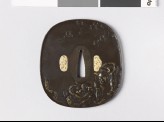 Aori-shaped tsuba depicting Ni-ō, the Two Guardian Gods, hand wrestling