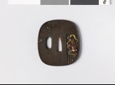 Aori-shaped tsuba depicting a statue of a Ni-ō, or Guardian God, by a temple (EAX.10937)