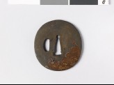 Tsuba depicting the luck god Hotei gazing at a crescent moon