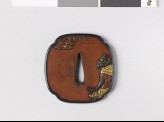 Mokkō-shaped tsuba depicting a sennin, or Taoist hermit, carrying a peony flower in a basket (EAX.10954)