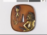 Tsuba depicting the witch of Adachi-gahara looking at the Buddha