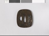 Aori-shaped tsuba depicting Ono Michikaze in a landscape (EAX.10995)