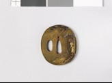 Tsuba depicting a man with a fox trap