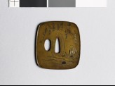Aori-shaped tsuba depicting a man preparing to write a poem (EAX.11052)