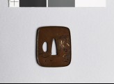 Aori-shaped tsuba depicting Shōki in a rain storm (EAX.11054)